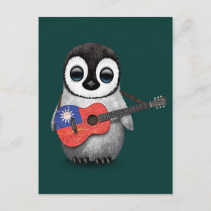 Baby Penguin Playing Taiwanese Flag Guitar Teal Postcard