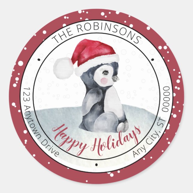 Baby Penguin | Santa Hat Happy Holidays Family Classic Round Sticker (Front)