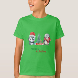Baby Penguin Santa Red Green Merry Christmas Party T-Shirt