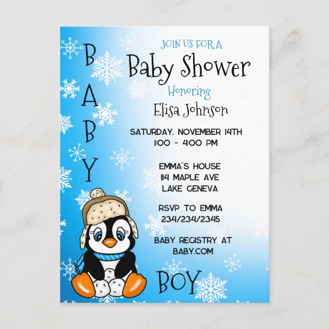 Baby Penguin Winter Baby Shower Postcard (Front)