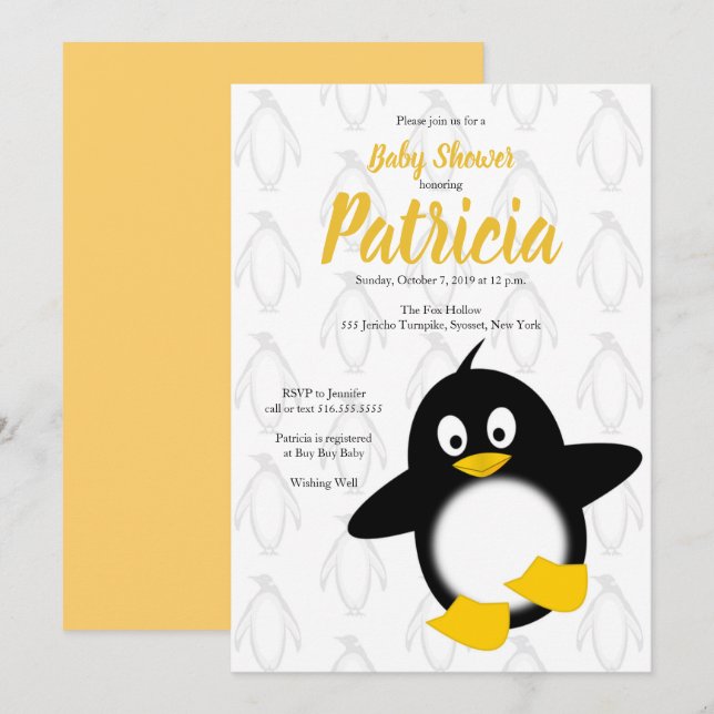 Baby Penguin Yellow Black Baby Shower Invitation (Front/Back)