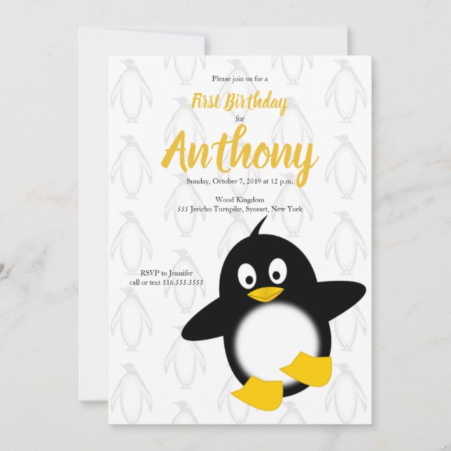 Baby Penguin Yellow Black First Birthday Invitation (Front)