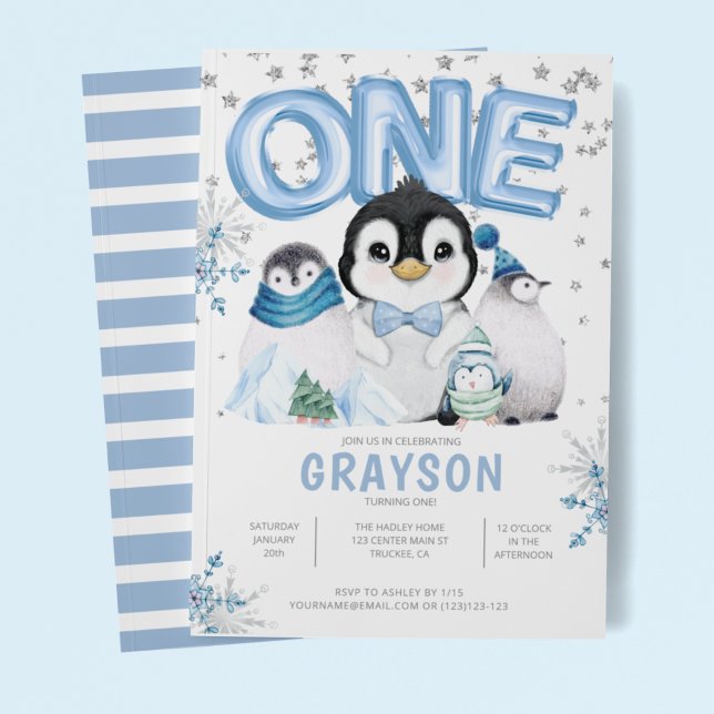 Baby Penguins 1st Birthday Winter Invitation (Creator Uploaded)