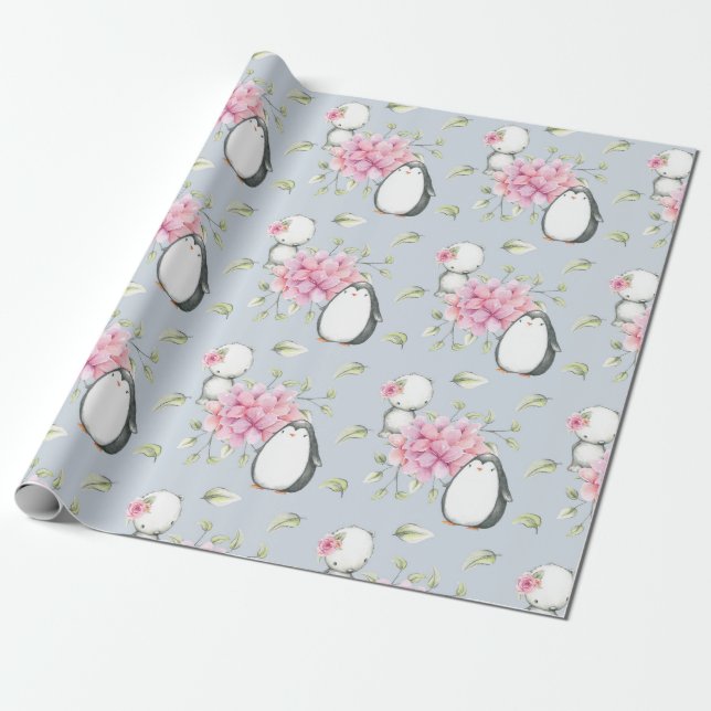 Baby Penguins Pink and Blue Gift Wrapping Paper (Unrolled)