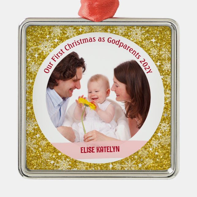 Baby Photo 1st Christmas As Godparents Golden Metal Ornament (Front)
