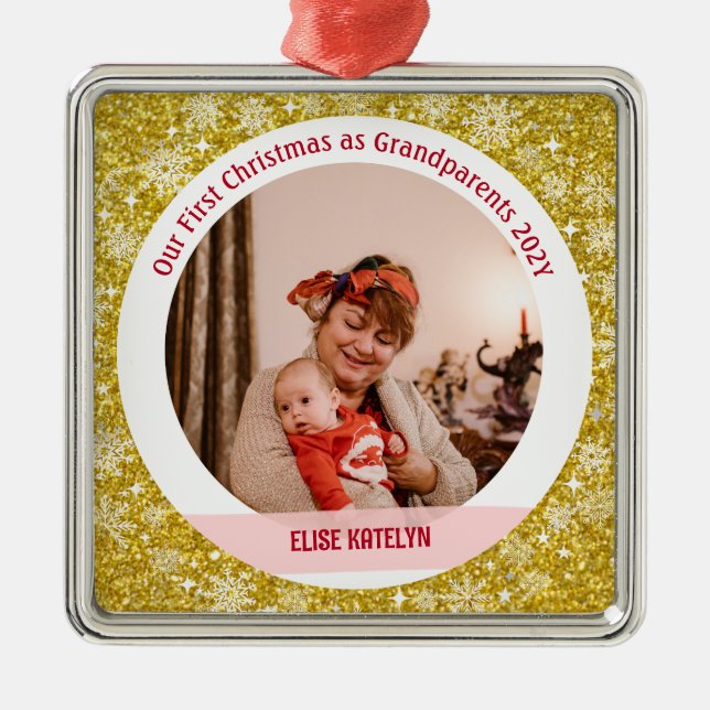 Baby Photo 1st Christmas As Grandparents Golden Metal Ornament (Front)
