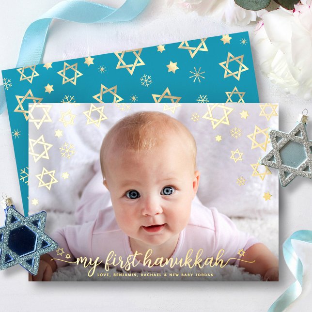 Baby Photo 1st Hanukkah Star of David Real Gold Foil Holiday Card (Creator Uploaded)