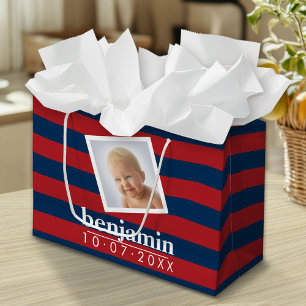 Baby Photo and Birthday Cute Boy Striped Pattern Large Gift Bag
