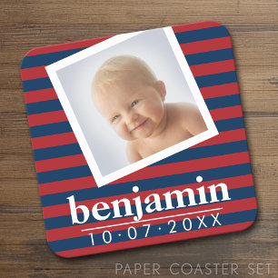 Baby Photo and Birthday Cute Boy Striped Pattern Square Paper Coaster