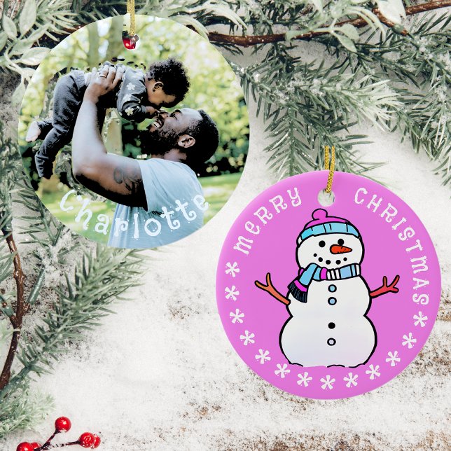 Baby Photo And Cute Snowman | Pink 2024 Ceramic Ornament (Front And Back)