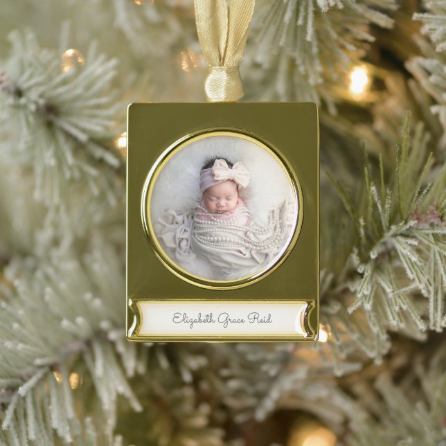 Baby PHOTO Announcement NAME Timeless Keepsake Gold Plated Banner Ornament (Tree)