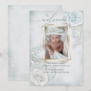 Baby Photo Birth Announcement Blue Floral