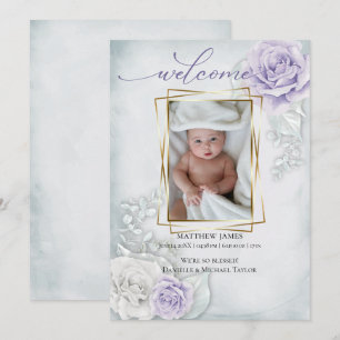 Baby Photo Birth Announcement Blue Lilac Floral