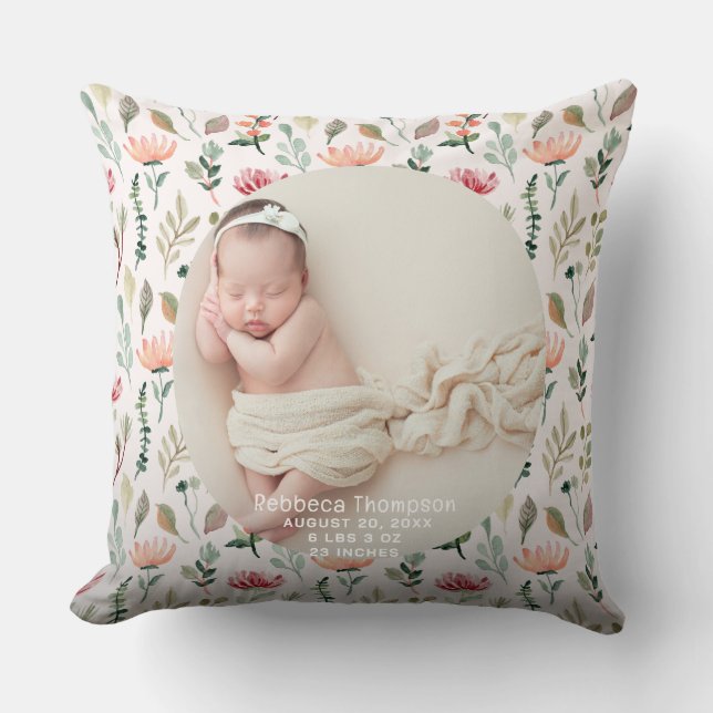 Baby Photo Birth Announcement Keepsake floral Cushion (Front)