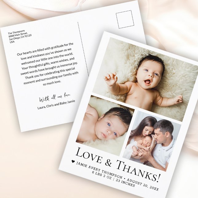Baby Photo Birth announcement Love and Thanks Postcard (Customizable 3 baby photo Love and thanks birth announcements postcard.)