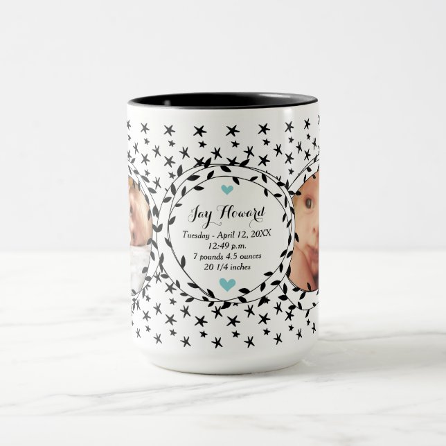 Baby Photo Birth Record Stat Baby Boy Star Pattern Mug (Center)