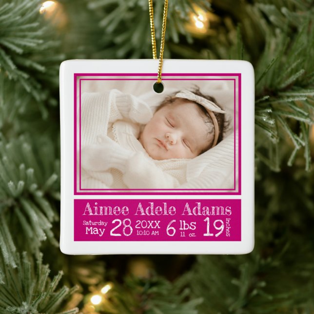 Baby Photo Birth Stats Ornament | Magenta Stripes (Tree)
