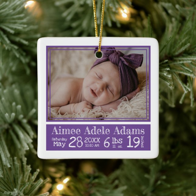 Baby Photo Birth Stats Ornament | Purple Stripes (Tree)