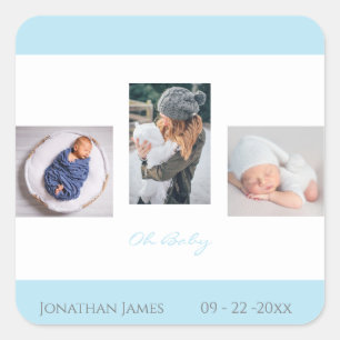 Baby Photo Blue Boy Script Birth Name Announcement Square Sticker