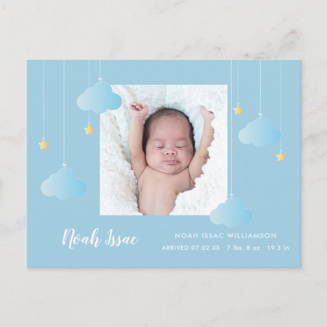 Baby Photo Blue Twinkle Twinkle Boy Birth  Announcement Postcard (Front)