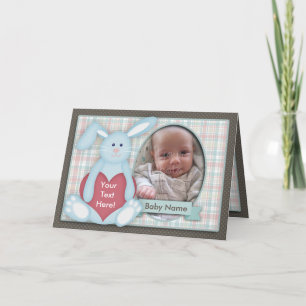 Baby Photo Card, Blue Bunny, Plaid, You Customise Announcement