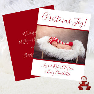 Baby Photo Christmas Joy With Names Red Holiday Card