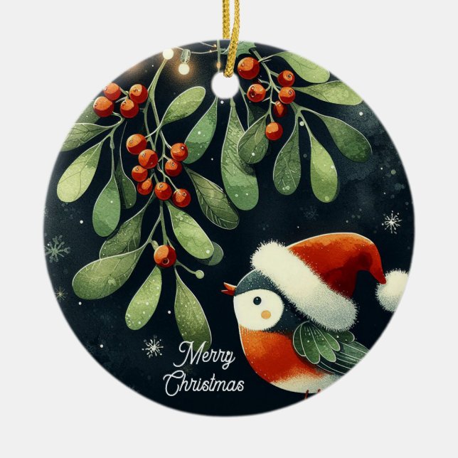 Baby Photo Christmas Mistletoe Robin Wreath  Ceramic Ornament (Front)