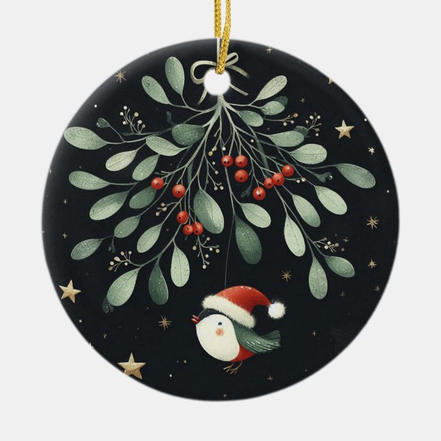 Baby Photo Christmas Mistletoe Robin Wreath Ceramic Ornament (Front)
