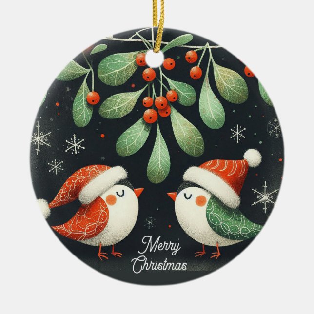 Baby Photo Christmas Mistletoe Robin Wreath  Ceramic Ornament (Front)