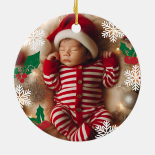 Baby Photo Christmas Mistletoe Snowflakes Ceramic Ornament