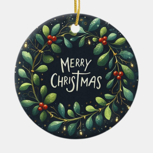 Baby Photo Christmas Mistletoe Wreath Ceramic Ornament (Front)