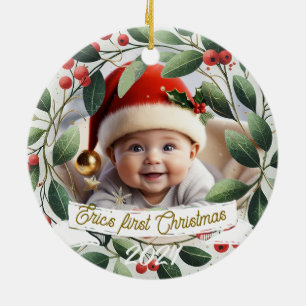 Baby Photo Christmas Mistletoe Wreath Ceramic Ornament