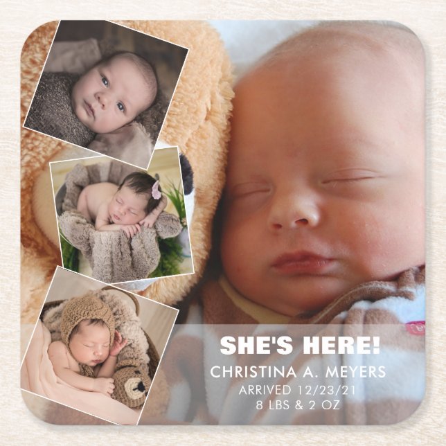 Baby Photo Collage Birth Announcement Square Paper Coaster (Front)