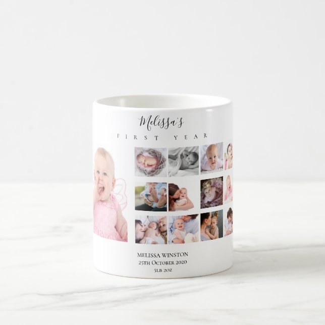 Baby Photo Collage Birth Stats 12 months Custom Coffee Mug (Center)