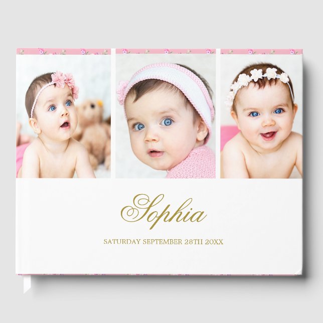 Baby Photo Collage Elegant Gold White Guest Book (Front)