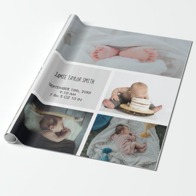 Baby Photo Collage Keepsake Name Birth Date Wrapping Paper (Unrolled)