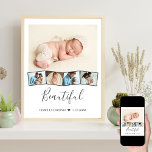 Baby Photo Collage Zigzag Picture Strip Custom Poster<br><div class="desc">Baby photo collage poster with personalised text and zigzag picture strip. The template is set up ready for you to add five photos - the main photo will be used as the background and the remaining 4 photos will be laid out in a zigzag picture strip along the bottom. This...</div>
