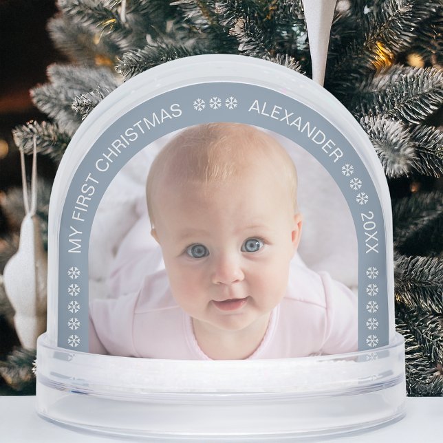 Baby Photo Dusty Blue Arch Snowflakes Christmas Snowglobe (Creator Uploaded)