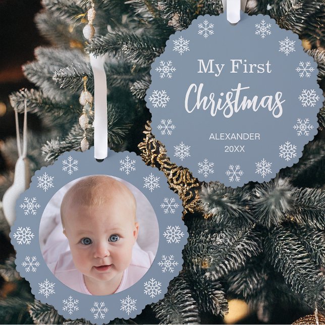 Baby Photo Dusty Blue First Christmas Snowflakes  Tree Decoration Card (Creator Uploaded)