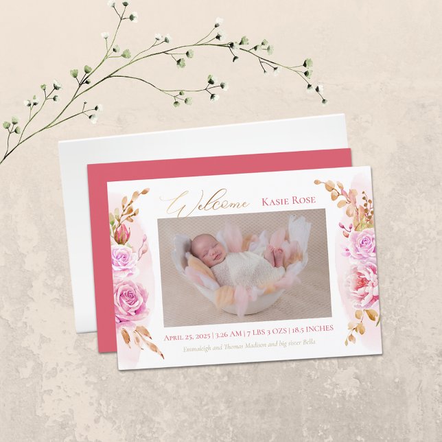 Baby Photo Elegant Rose Floral Birth Announcement (Creator Uploaded)