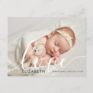 Baby Photo elegant Script Gold Love Hearts Birth Announcement Postcard