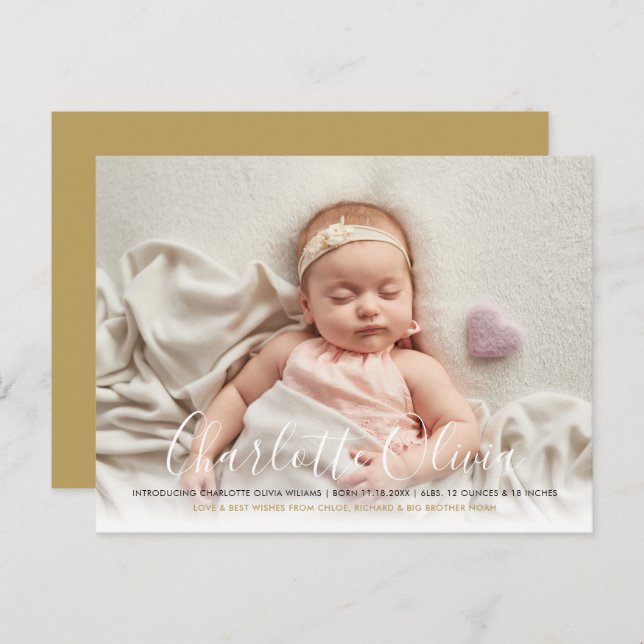 Baby Photo Elegant Script Name Gold Birth Announcement Postcard (Front/Back)