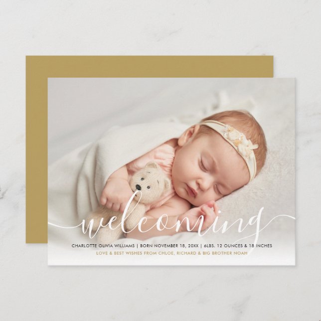 Baby Photo Elegant Script Welcoming Gold Birth Announcement Postcard (Front/Back)