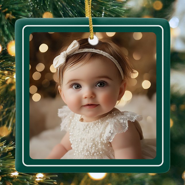 Baby Photo Emerald Green Modern Christmas Script Ceramic Ornament (Baby Photo Emerald Green Modern Christmas Script Ceramic Ornament)