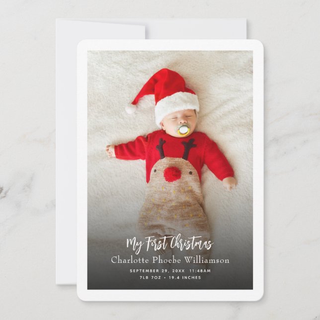 Baby Photo First Birth Stats Christmas Holiday Card (Front)
