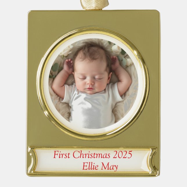 Baby Photo First Christmas Deer Gold Plated Banner Ornament (Front)