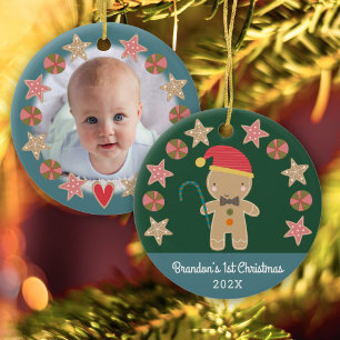 Baby Photo First Christmas Gingerbread Boy Green Ceramic Ornament