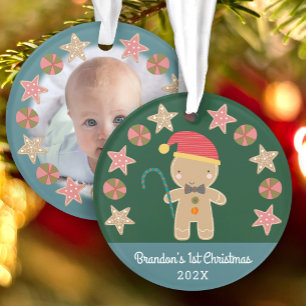 Baby Photo First Christmas Gingerbread Boy Green Ornament
