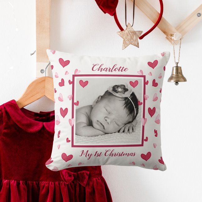 Baby Photo, First Christmas, Name, Hearts Cushion (Baby Photo, First Christmas, Name, Hearts Throw Pillow)