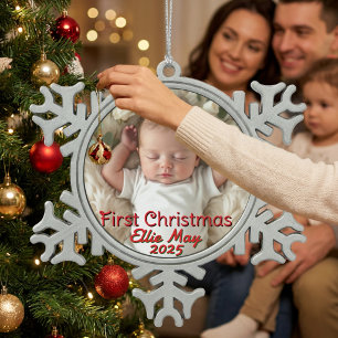 Baby Photo First Christmas Personalise Snowflake Pewter Christmas Ornament